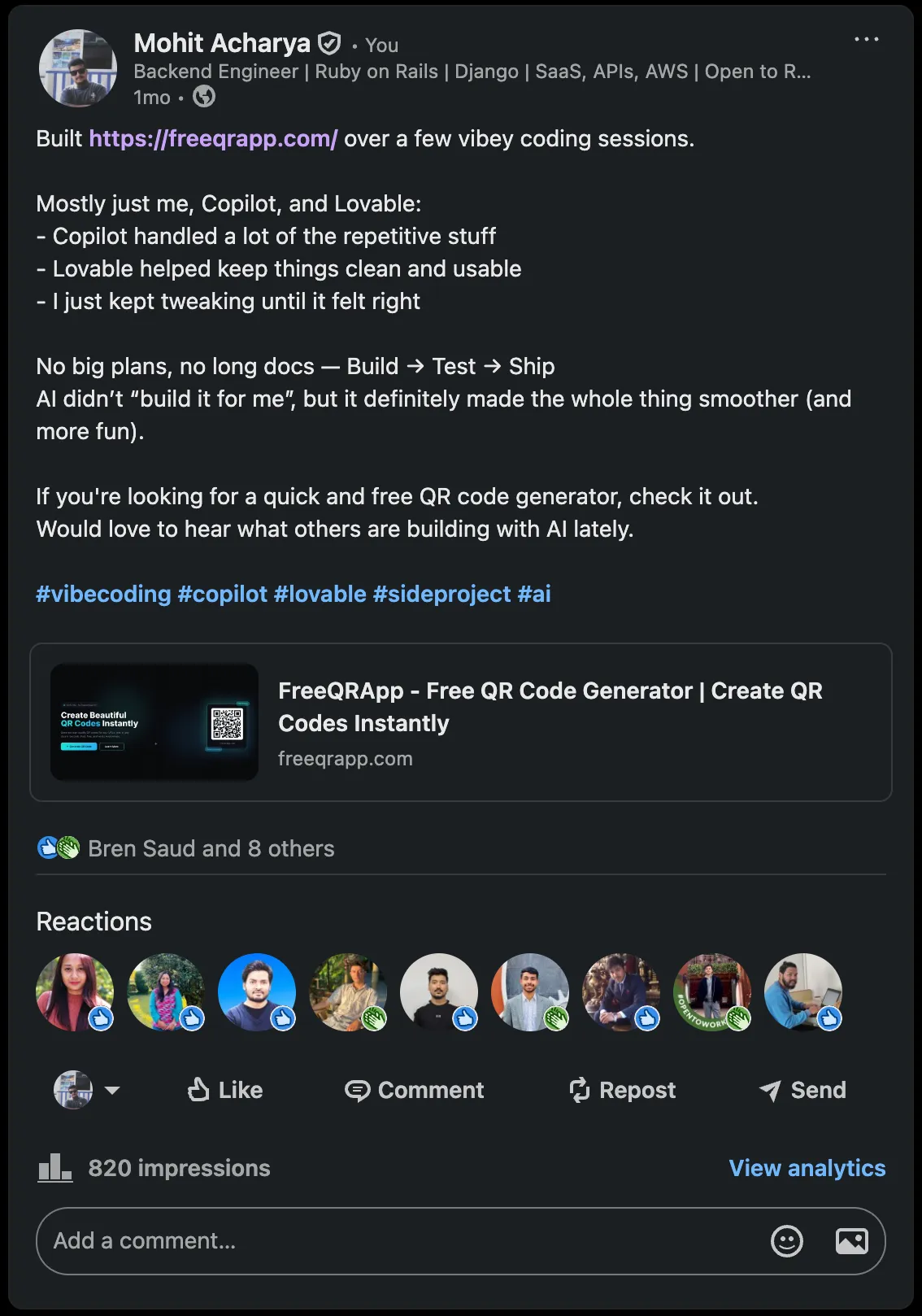 LinkedIn post about FreeQRApp